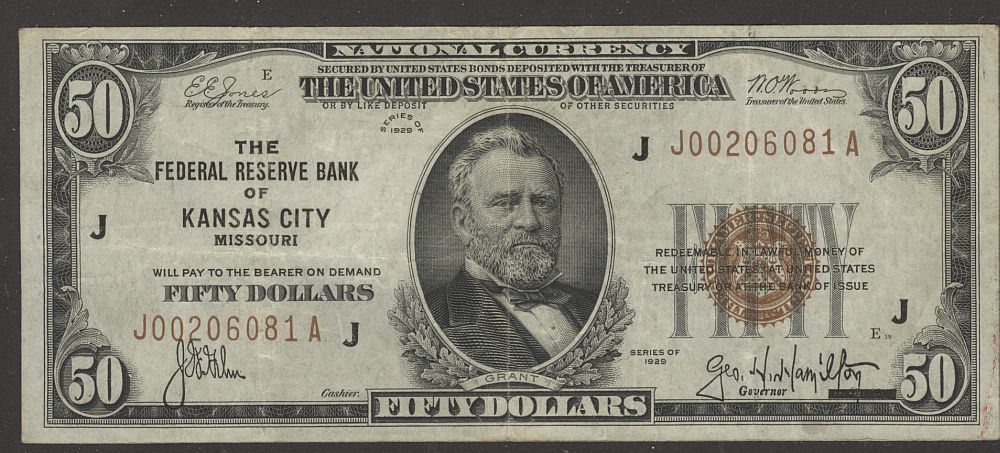 Fr.1880-J, 1929 $50 Kansas City FRBN, J00206081A, VF
